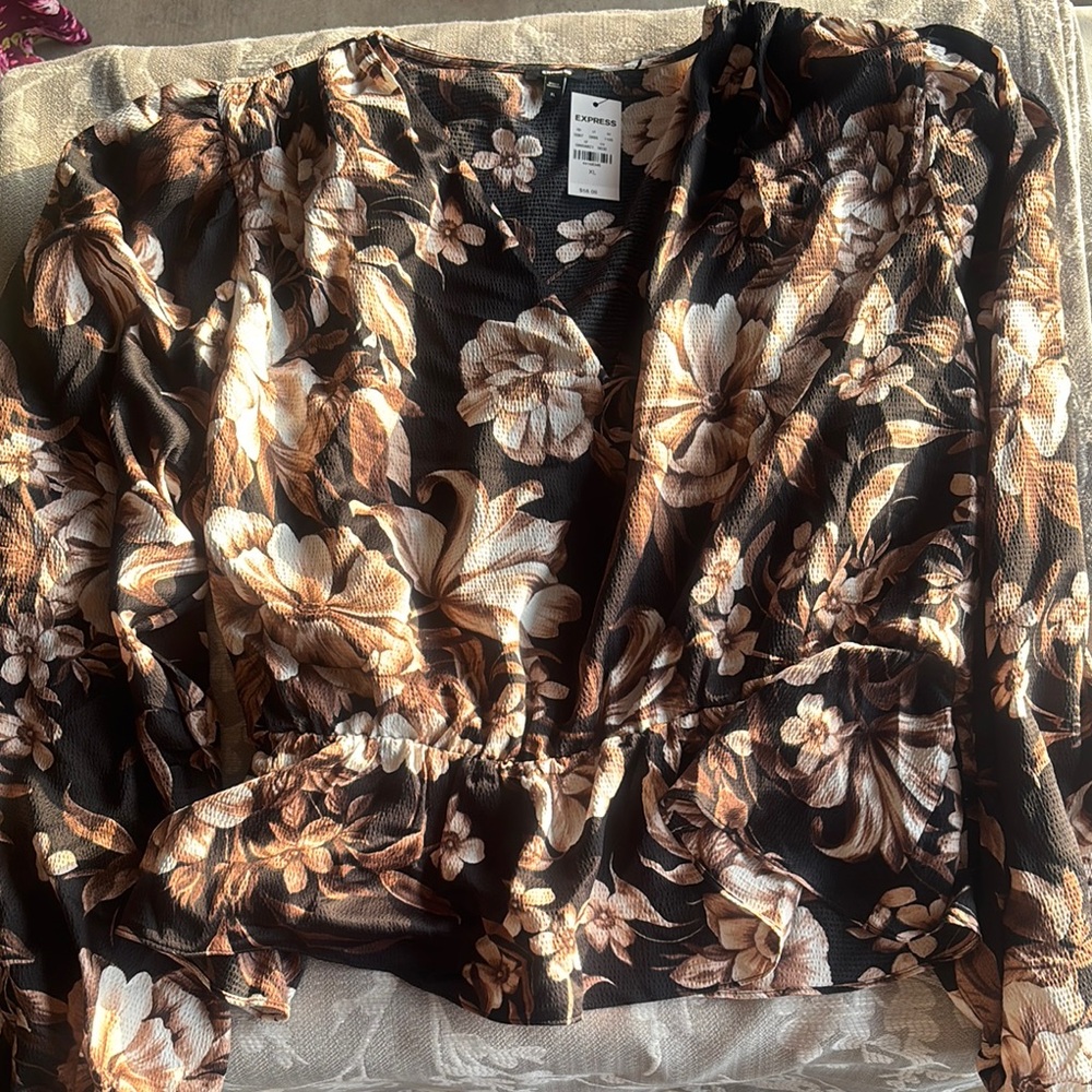 Express Brown and Tan Wrap Ruched Blouse